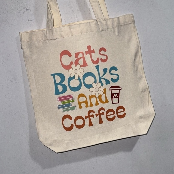 Canvas tote bag cats books & coffee double strap NEW library bag - Picture 2 of 2